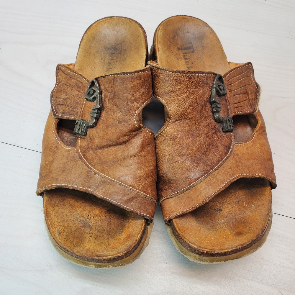 Think! Womens Brown Leather Slide Sandals Cork Footbed Size 38 Boho-Chic Granola